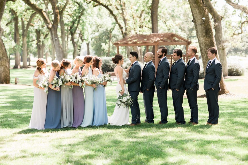 Bridal party with mixed blue dresses