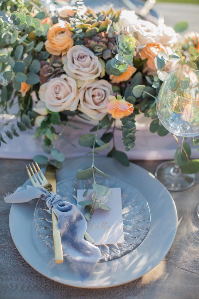 Close up of gray and lavender tablescape design at Calistoga Ranch