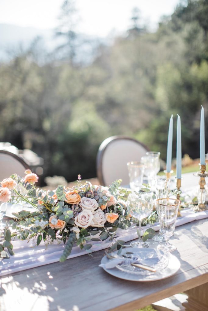 Close up of gray and pastel flower centerpiece at Calistoga Ranch